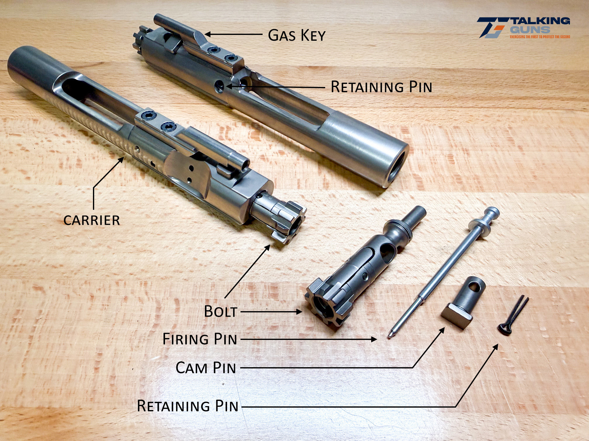 This BCG diagram shows which components are the carrier, bolt, retaining pin, cam pin, and firing pin.