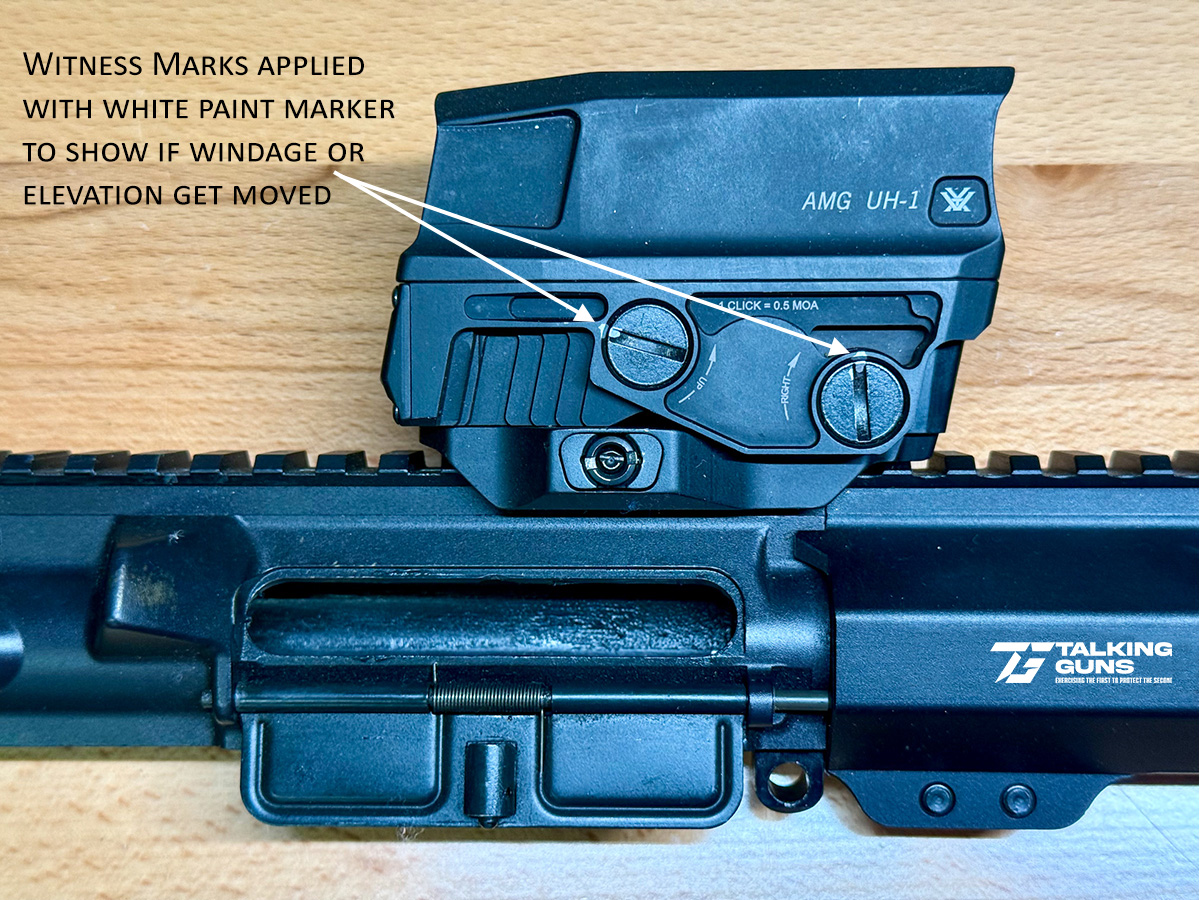 Witness marks for windage and elevation on Vortex UH-1 optic.