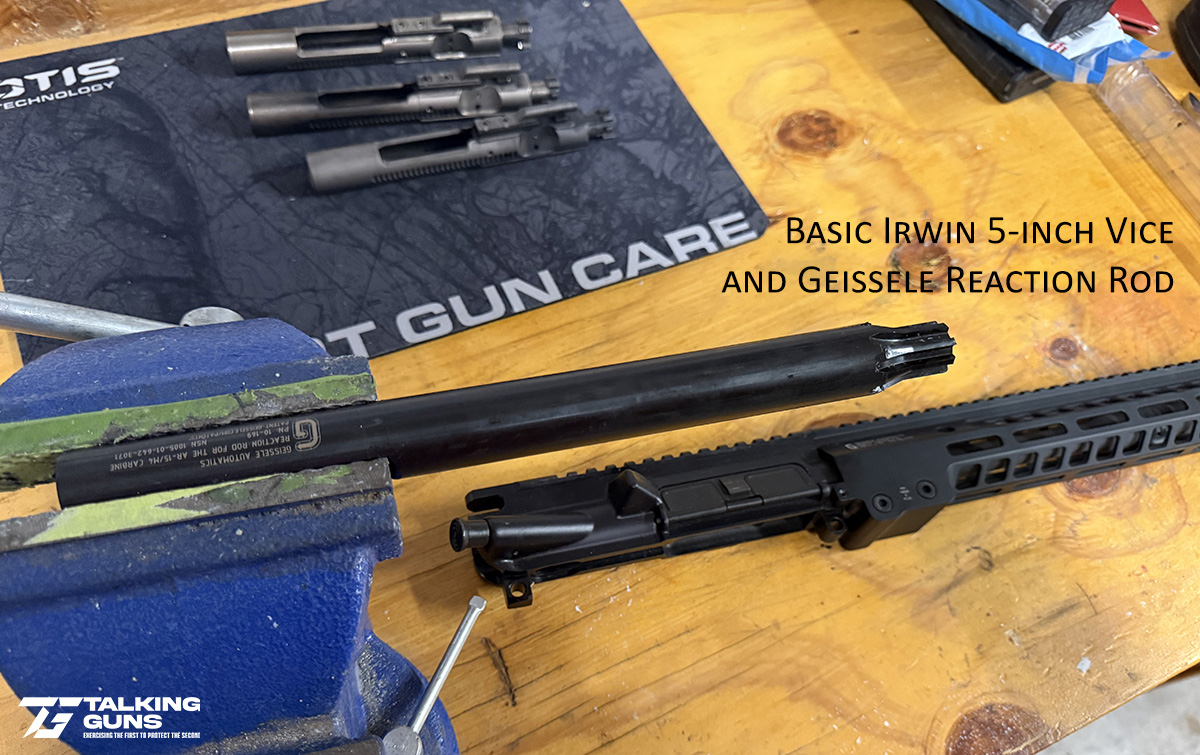 Setting up your workbench is as simple as getting a basic blue Irwin vice and installing a Geissele Reaction Rod for working on your AR-15 uppers.